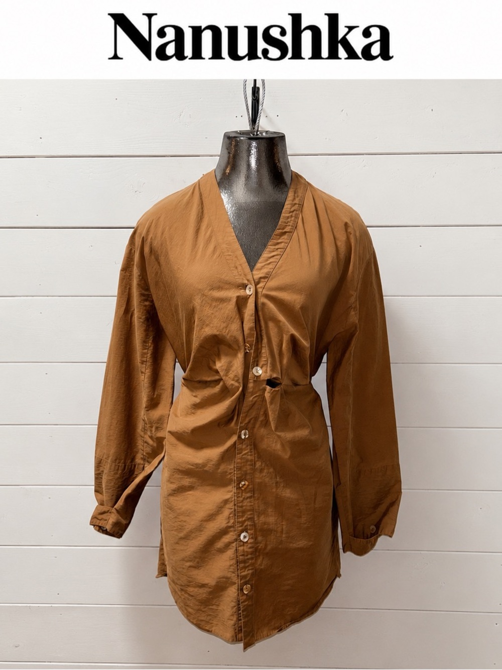 Nanushka Caramel Button-Front Cinched mini dress – Size Small